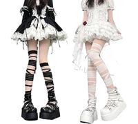 Y2K japanische Lolita-Strumpfhose für Damen, gezerrte Strumpfhosen für Fashionistas, Cross-Band, hohl, perforiert, Strümpfe, kantige weibliche Strumpfwaren, 2 Stück, schwarz/weiß, Einheitsgröße