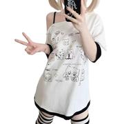 Y2k Kawaii-Shirts für Damen, Cartoon-Grafik-T-Shirts, schulterfrei, Cutecore-Hemden, Harajuku-Mode, Gothic-Tops, Weiss/opulenter Garten, Mittel