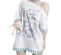 Y2k Kawaii-Shirts für Damen, Cartoon-Grafik-T-Shirts, schulterfrei, Cutecore-Hemden, Harajuku-Mode, Gothic-Tops, Blau, Groß