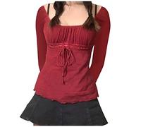 Y2K Lace Crop Top Patchwork Langarmshirt Elegant Ästhetisch Pullover Vintage Tops Square Ausschnitt Sweet Harajuku Slim Fit Aesthetic Streetwear für Damen (Rot, M)