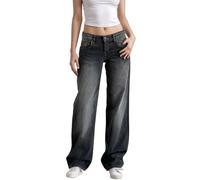 Y2K Low Rise Baggy-Jeans für Damen, niedrige Taille, gerades Bein, Trendige Bootcut-Jeans, Teenager, Mädchen, lässig, lockere Passform, Boyfriend-Jeans, GRAU, S