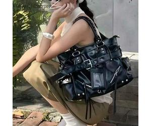 Y2K Punk Stil große Kapazität Schultertasche, Nieten- und Schnallen-Dekor Kunstleder Handtasche, Gothic Street Style Tragetasche für Frauen (Zubehör o