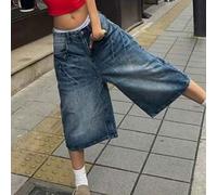 Y2K Straßenmode vintage gewaschene Katzen-Whisker-Jeans im Pockenstil mit weitem Bein, Bermuda-Jeans-Shorts, lässige kurze Hose, verkürzte Hose