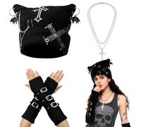 Y2K Strickmütze mit Ohren Beanie Mütze mit Katzenohren Gothic Grunge Katzenmütze Grunge Emo Accessoires Punk Handstulpen Armstulpen Punk Kreuz Kette Alternative Streetwear Accessoires für Frauen