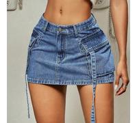 Y2K Vintage Cargo Minirock aus Denim mit Überschlag-Tasche, Bändern und Body-Con Passform, perfekt für Musik-Festivals