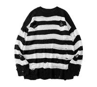 Y2K Vintage Grunge Pullover - Gestreifter Strickpullover Mit Löchern, Gothic-Punk Teenager Mädchen Pulli, Zerissen Grobstrickpullover, Herbst Winter Warm Oberteile