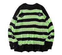 Y2K Vintage Grunge Pullover - Gestreifter Strickpullover Mit Löchern, Gothic-Punk Teenager Mädchen Pulli, Zerissen Grobstrickpullover Für Herbst Winter, Warmes Oberteil