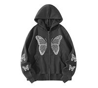 Y2k Zip Up Hoodie Damen Gothic Schmetterling Druck Sweatjacke Reißverschluss Kapuzenjacke Langarm Kapuzenpullover Sweatshirt mit Kapuze Herbst Winter Hoody Oberteile Tasche Sweatshirtjacke Streetwear