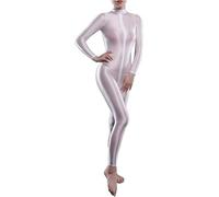 Yaaapiy Damen Ganzkörperanzug Jumpsuit Einteiler Hose Overall Halb-transparent Body Bodysuit eng Kostüm Catsuit mit Reisverschluss Dessous (Weiß Blickdicht, M)