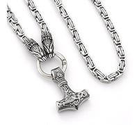 YABEME Herren Wikinger Halskette, Thor Hammer Anhänger Mjolnir Amulett Schmuck Hochleistungs Edelstahl Königskette Wolfskopf Link, mit Valknut Rune Geschenktüte,Silber,31inch