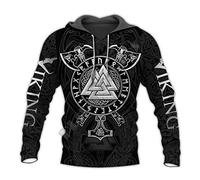 YABEME Unisex Wikinger Herren Hoodie, Nordischer Mythos 3D-Gedruckter Odin Thors Hammer Valknut Full Zip Casual Jacke, Harajuku Streetwear Pullover,Hoodie,XXL