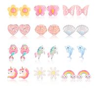 YADOCA 12 Paare Ohrclips für Mädchen Clip Ohrring Kinder Non Piercing Prinzessin Spielen Ohrringe Schmetterling Meerjungfrau Delphine Blume Herz Ohrringe Mädchen Verkleiden sich Schmuck für Kinder