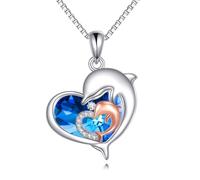 YAFEINI Delfin Kette Damen 925 Sterling Silber Kristall Mutter und Kinder Zweifarbige ewige Liebe Doppel Herz Delfin Anhänger Halskette Schmuck Geschenke für Damen Mädchen
