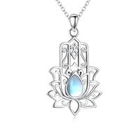 YAFEINI Hamsa Hand Kette Sterling Silber Lotus Anhänger Halskette Hand von Fatima Mondstein Schmuck Geschenke für Damen