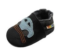YALION Baby Junge Mädchen Weicher Leder Lauflernschuhe Krabbelschuhe Babyhausschuhe mit Wildledersohlen(Auto Schwarz,6-12 Monate)