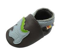 YALION Baby Junge Mädchen Weicher Leder Lauflernschuhe Krabbelschuhe Babyhausschuhe mit Wildledersohlen(Dinosaurier Dunkelgrau,12-18 Monate)