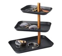 Yamazaki 1580 RIN 3~Tiered Accessory Stand with Rotatable Trays, black, Steel/Wood, 25 x 16 x 25.5 cm
