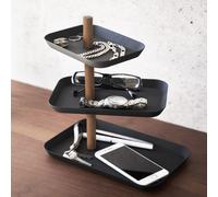 Yamazaki 1580 RIN 3~Tiered Accessory Stand with Rotatable Trays, black, Steel/Wood, 25 x 16 x 25.5 cm