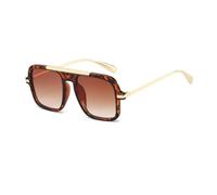 YAMEIZE Retro Doppel Brücke Metall Sonnenbrille - für Damen Herren Vintage Pilot Sonnenbrille UV400 Schutz Quadrat Schatten Fahren (Leopardenbraun)