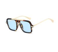 YAMEIZE Retro Doppel Brücke Metall Sonnenbrille - für Damen Herren Vintage Pilot Sonnenbrille UV400 Schutz Quadrat Schatten Fahren (Leopardblau)