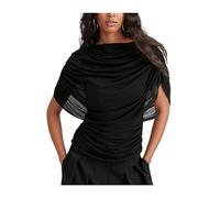 Yancremio Damen Cape Top Aus Chiffon Mit Tailliertem Schalkragen Und Faltenwurf Sommer Trend Im Y2K-Stil Lässig Sexy Elegant Party Streetwear (Schwarz,S)