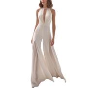 Yancremio Eleganter Damen Jumpsuit Mit Tiefem V-Ausschnitt Und Ärmellosem Cocktail Party Kleid Mode Für Business Und Freizeit Hochzeitsgäste Langer Jumpsuit (Weiß,L)