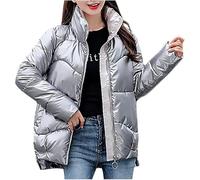 Yancremio Kurze glänzende Daunenjacke für Damen im Winter Warme Dicke Winddichte Jacke mit Reißverschluss für den Außenbereich Modische lockere Freizeitjacke (Silber-Grau,L)