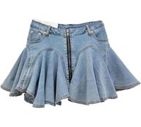 Yancremio Retro Minirock Aus Denim Mit Rüschen Und Reißverschluss Im Y2K-Stil Für Damen Sommerlicher Trend Lässiger Party Minirock Aus Stretch-Denim in Schmaler Passform Mit Falten (Blau,M)