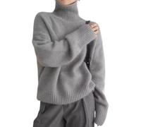 Yancremio Rollkragenpullover für Damen Modischer lässiger lockerer Warmer Strickpullover Eleganter Dicker weicher Rollkragenpullover in Volltonfarbe (Grau,M)