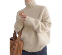 Yancremio Rollkragenpullover für Damen Modischer lässiger lockerer Warmer Strickpullover Eleganter Dicker weicher Rollkragenpullover in Volltonfarbe (Beige,M)