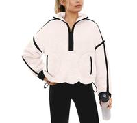 Yanekop Sherpa-Pullover für Damen, 1/2-Reißverschluss, flauschiges Fleece, flauschiges Revers, Oberbekleidung mit Taschen, Schwarz Weiß, S