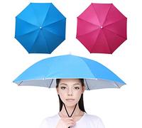 YANGSHINE 2PCS Umbrella Hat with Elastic Band, Outdoor Fishing Umbrella Cap Folding Headwear Umbrella Hat for Adults Kids Women Men,Rose red+Sky Blue