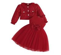Yanmucy Mädchen Kleider und Mantel Set 2PCS Texturierter Blumendruck Kleider Langarm Strickjacke Baby Mädchen Kleidung Outfits für 2-8 Jahre (Rot, 6 Jahre)