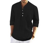 YAOBAOLE Atmungsaktives Leinenhemd Herren - Lässiges Baumwollshirt, Sommerliches Hemd mit Knopfleiste Schwarz 2XL