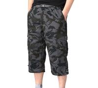 YAOBAOLE Cargohose Herren mit Gummizug Freizeithose Sommer Dreiviertel Cargo Shorts Bundeswehr Hose Männer Capri Pants Schwarze Tarnung XL