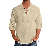 YAOBAOLE Herren Piratenhemd Mittelalter Schnürhemd Herren Leinen Langarm Vintage Hemd mit Umlegekragen Khaki XL