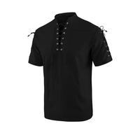 YAOBAOLE Leinen Hemd Herren Kurzarm Renaissance Hemd Herren Sommer Viking Kostüm Schnürhemd Herren Schwarz 3XL