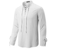 YAOBAOLE Leinen Hemd Herren Sommer Langarm Schnürhemd Mittelalter Renaissance Hemd Weiß 3XL