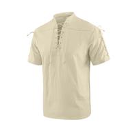 YAOBAOLE Oberhemd Herren Kurzarm Mittelalter Leinenhemd Schnürhemd Vintage Stehkragen Comfort Fit Khaki L