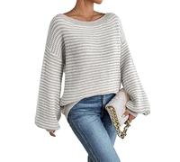 YAODAMAI Damen-Strickpullover mit Karomuster schulterfrei blau-weiß kariert langärmelig locker geschnitten lässiges und trendiges Herbstoberteil