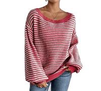 YAODAMAI Damen-Strickpullover mit Karomuster schulterfrei blau-weiß kariert langärmelig locker geschnitten lässiges und trendiges Herbstoberteil