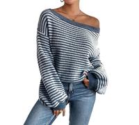 YAODAMAI Damen-Strickpullover mit Karomuster schulterfrei blau-weiß kariert langärmelig locker geschnitten lässiges und trendiges Herbstoberteil