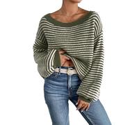 YAODAMAI Damen-Strickpullover mit Karomuster schulterfrei blau-weiß kariert langärmelig locker geschnitten lässiges und trendiges Herbstoberteil