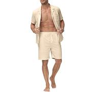 YAOHUOLE Herren 2 Stück Leinen Set Casual Band Kragen Hemd und Shorts Strand Sets Khaki XL