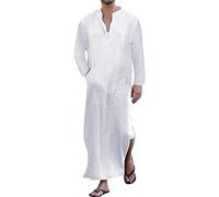 YAOHUOLE Herren V-Ausschnitt Kurzarm Robe Side Split Kaftan Thobe mit Taschen Casual Shirt, Weißes Langarmshirt, XX-Large
