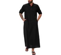 YAOHUOLE Mens Kaftan Langarm Thobe Herren Leinen Sommer Kaftan Herren Langarm Schwarz 3XL
