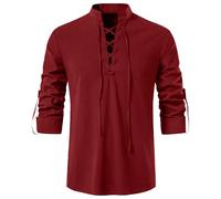 YAOHUOLE Mittelalter Hemd Herren Piraten Vintage Hemd Leinen Mittelalter Kleidung Herren Weinrot L
