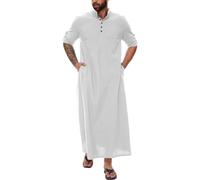 YAOHUOLE Musilm Herren Kaftan Langarm Sommer Thobe Männer Lang Kaften Herren mit Taschen Weiß 3XL