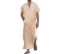YAOHUOLE V-Ausschnitt Kaftan Herren Leinen Leinen Kaftan Thobe Seite Split Caftan Khaki XL