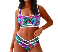 YAOJIWANG Bikini Damen Set, Push up Badeanzüge Bauchweg Sport Bademode Hohe Taille Sexy Zweiteiliger Bikinis mit Tropischer Stil-Druck Bikinioberteil + Bikinihose Eckiger Ausschnitt Swimsuits